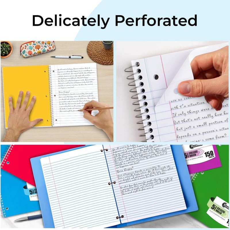 Rosmonde 5 Subject Notebook College Ruled, 6 Value Pack, 300 Pages (150 Sheets), 8 x 10-1/2"", 5 Subject College Ruled Spiral Notebooks for School & Office, Thick Paper Fights Ink Bleed, 3 Hole Punched - Image 5